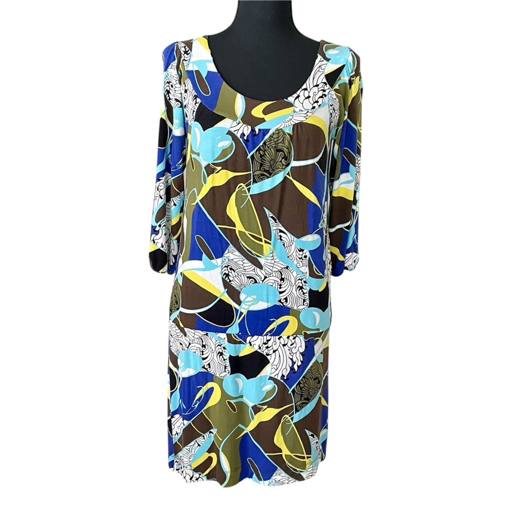 BCBGMaxAzria Size Small Abstract Drop Waist Shift Dress‎ 3/4 Length Sleeves EUC